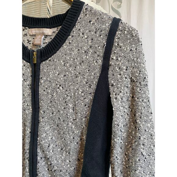 Banana Republic Sweater Tweed Black Fitted Cardigan Zip Front Nubby Two Tone Med - Picture 5 of 10